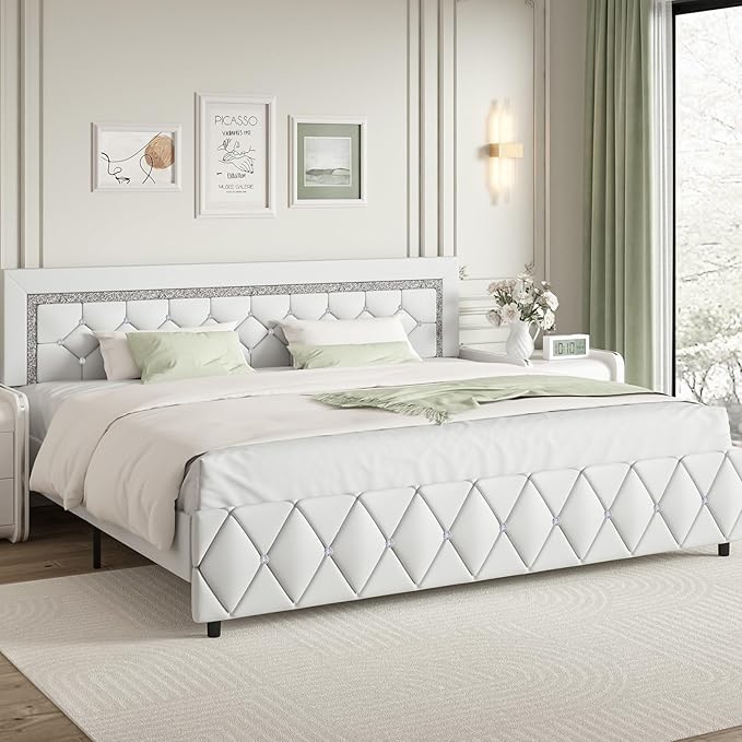 BarnFurin King Size Bed Frame and Headboard, Faux Leather Upholstered Bed with Diamond Tufted Design, Modern Platform Bed Frame with Wooden Slats Support, No Box Spring Required, Easy Assembly, White