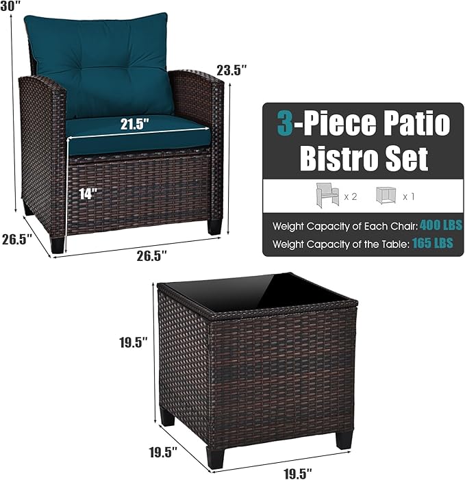 Tangkula 3 Pieces Patio Furniture Set, PE Rattan Wicker 3 Pcs Outdoor Sofa Set w/Washable Cushion and Tempered Glass Tabletop, Conversation Furniture for Garden Poolside Balcony (Prussian Blue)