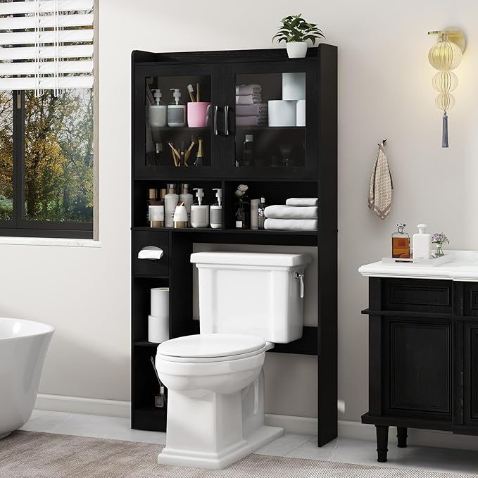 Over-The-Toilet Storage Cabinet, Farmhouse Style with 2 Acrylic Waves Doors, Space-Saving Home Storage Rack for Restroom, Bathroom and Laundry Room.Black.