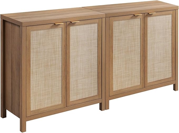 SICOTAS Sideboard Buffet Cabinet with Large Storage : Boho Rattan Credenza Coffee Bar Storage Cabinet with Adjustable Shelves, Farmhouse Console Cabinets for Kitchen, Living Room, Entryway, Oak, 2 PCS