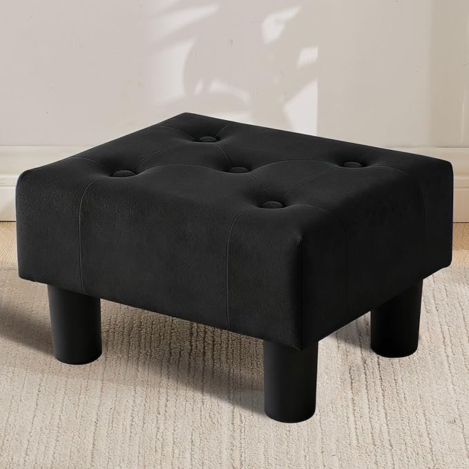 Small Foot Stool Ottoman, Velvet Footstool Ottoman Foot Rest for Couch, Rectangle Footstools and Ottomans Small for Living Room, Entryway and Bedroom (Black)