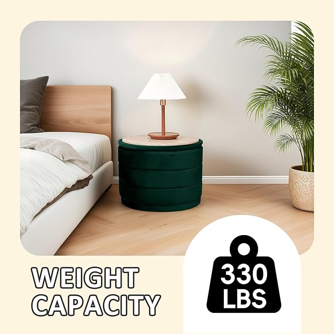 PINPLUS Large Round Velvet Storage Ottoman, Bottle Green Upholstered Footstool with Hidden Storage, Sturdy Coffee Table Ottoman for Living Room & Bedroom