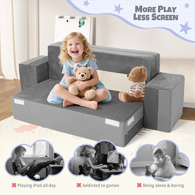 5 Pcs Modular Kids Play Couch, Toddler Couches That Fold Out, Plush Foam Chair for Children’s Playroom, Velvet Fabric Convertible Foam and Floor Cushion for Boys and Girls (Dark Gray,02)