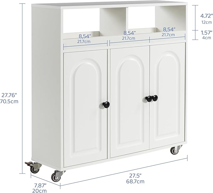 Bathroom Storage Cart with Doors，3-Door Cabinet & Divided Open Shelf，Rolling Organizer Cart for Bathroom, Toilet，White (1)