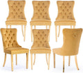 Velvet Upholstered Dining Chairs Set of 6, Modern Style Kitchen Side Chairs with Nailhead Trim and Gold Plated Leg, Metal Pulling Ring for Dining Room Living Room(Gold-Gold Plated Leg)
