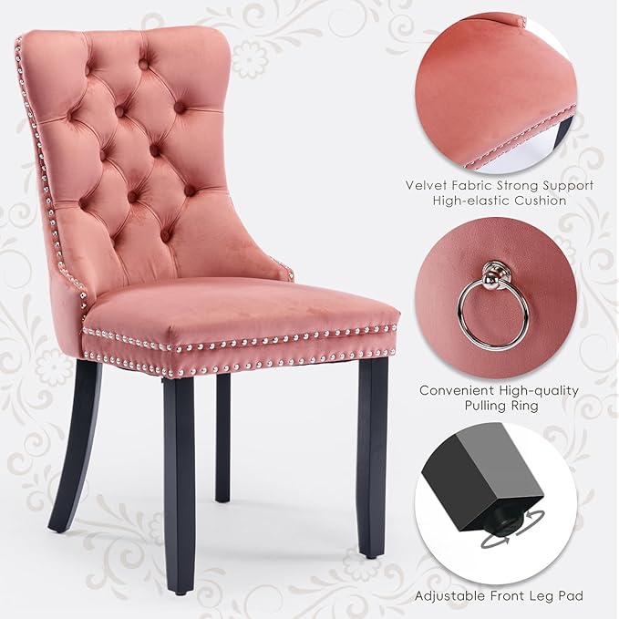 Velvet Upholstered Dining Chairs Set of 2, Modern Style Kitchen Side Chairs with Nailhead Trim and Wood Legs,Metal Pulling Ring for Dining Room Living Room(Pink,Set of 2)