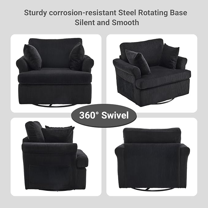 Karl home 39" Swivel Accent Chair,Oversized Seat Armchair W/2 Pillows and 4 Pockets,Modern Upholstered Corduroy Barrel Chairs,Comfy Single Sofa for Living Room,Reading,Bedroom and Office -Black