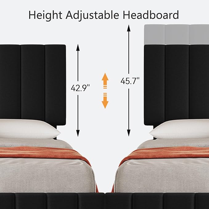 Garvee Full Size Bed Frame with 4 Storage Drawers, Adjustable Height Headboard, Linen Upholstered Platform Bed Frame, No Box Spring Needed, Easy Assembly, Black