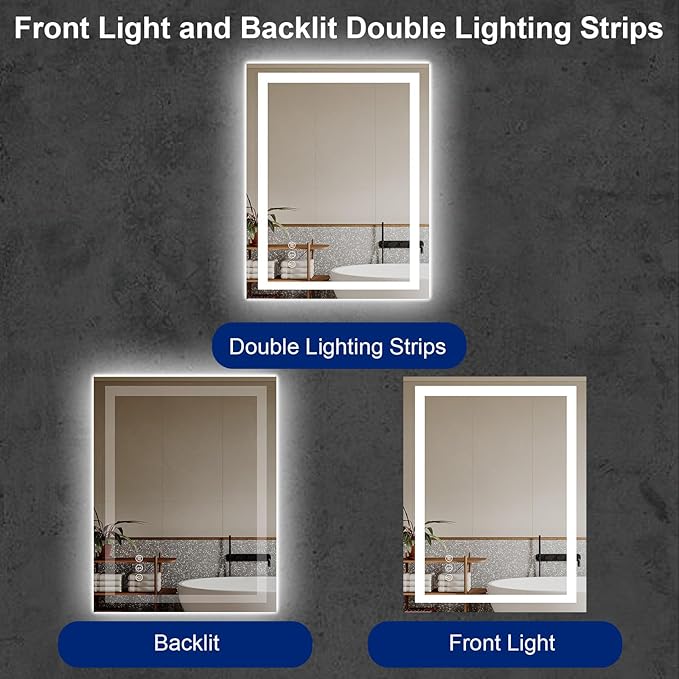 Awoco 28''x36'' LED Bathroom Mirror with Light, Lighted Vanity Mirror with Backlit and Front Light, Dimmable Anti-Fog Memory Function Lighted Mirror with 3 Colors for Bathroom Wall