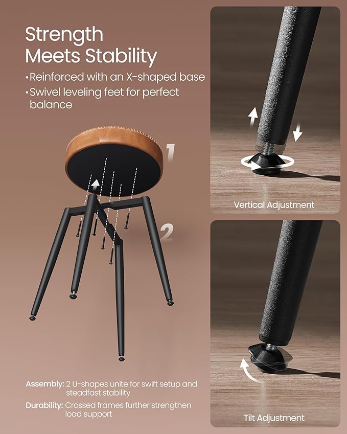 VASAGLE EKHO Collection - Dining Chairs Stools Set of 2, Upholstered Kitchen Chairs, Vanity Stools, Synthetic Leather with Stitching, Mid-Century Modern, 19-Inch Tall, Easy Assembly, Caramel Brown