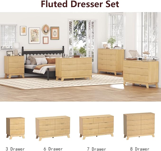 Fluted Dresser for Bedroom,6 Drawer Dresser for Closet,47" Wide Storage Cabinet and Chest of Drawers with Gold Handle,TV Stand,Storage Organizer for Living Room,Hallway,Entryway,Nature Oak