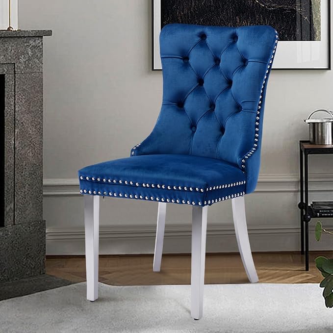 Velvet Upholstered Dining Chairs Set of 2, Modern Style Kitchen Side Chairs with Nailhead Trim and Silver Plated Leg, Metal Pulling Ring for Dining Room Living Room(Blue-Silver Plated Leg)
