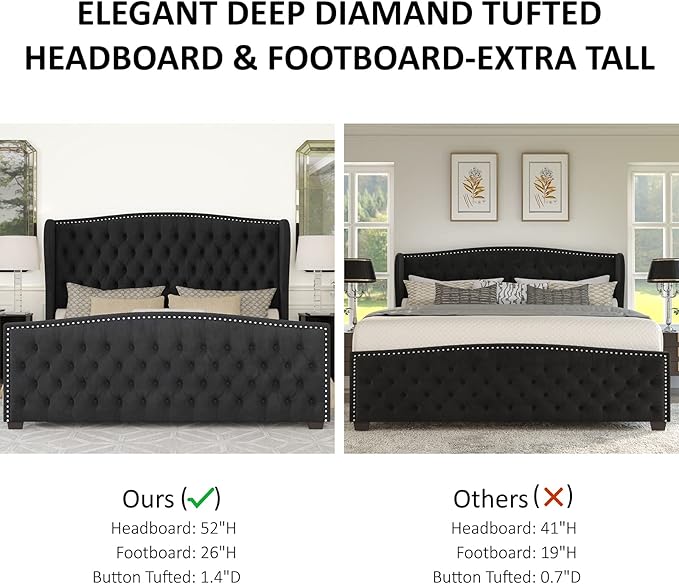 AMERLIFE Queen Size Platform Bed Frame, Velvet Upholstered Bed with Deep Button Tufted & Nailhead Trim Wingback Headboard/No Box Spring Needed/Black
