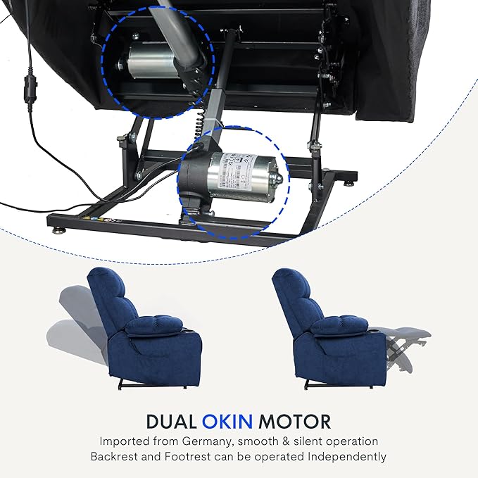 FLEXISPOT XL5 Dual OKIN Motor Power Lift Recliner Chair for Elderly, Lay Flat Electric Recliner with Massage & Heat, USB Ports, Fabric Reclining Sofa for Living Room Bedroom, Blue