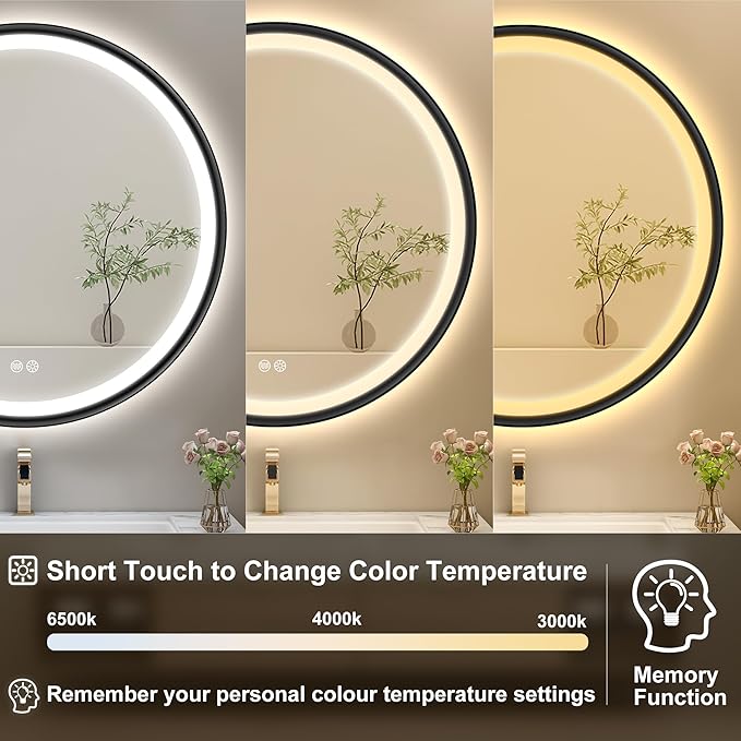 S'bagno 32'' Round Black LED Mirror for Bathroom with Frontlit & Backlit, LED Vanity Mirror with Metal Frame, Anti-Fog, Stepless Dimmable, 3 Color Temperature