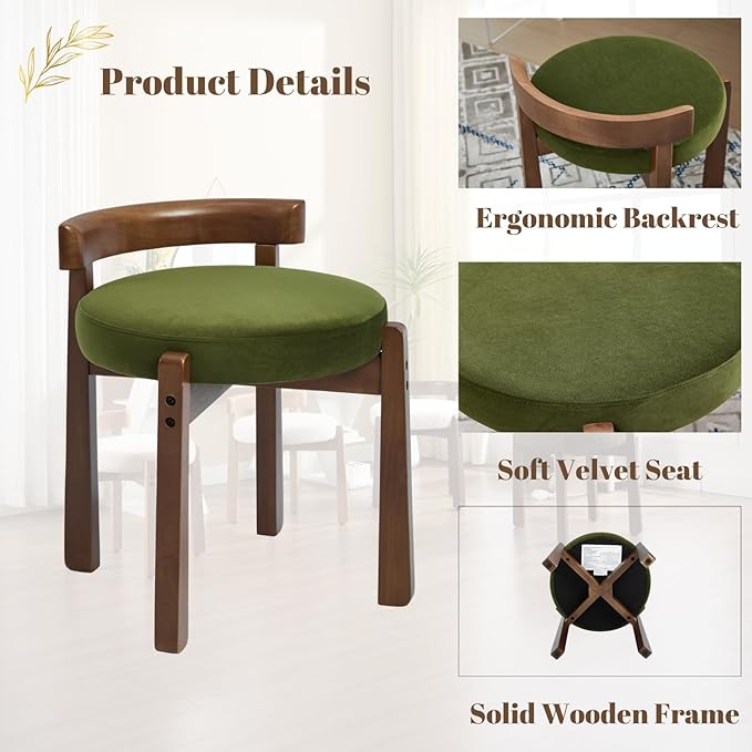 Modern Vanity Chair Upholstered Small Ottoman Footstool, Make Up Stool Velvet Fabric with Backrest Wooden Frame for Living Room Bedrooms, 2PCS, Green