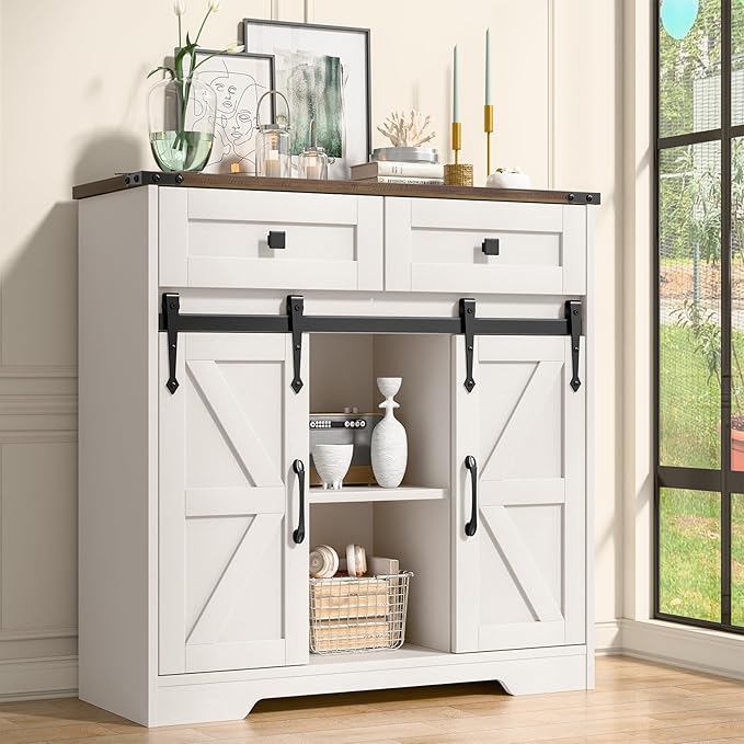 Farmhouse Storage Cabinet With Sliding Barn Doors and Drawers for Bathroom, Kitchen, Living Room - Rustic Style Floor Storage, White