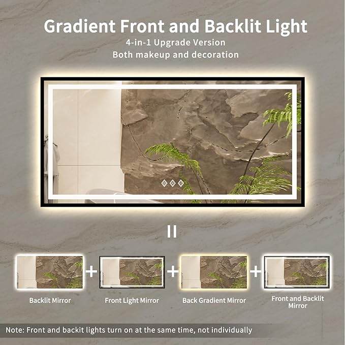Lighted Vanity Mirror, 72x36 Inch Black Framed Gradient Front and Backlit Bathroom Mirrors for Vanity, 3 Colors Dimmable CRI>90, IP54 Enhanced Anti-Fog Wall Mounted LED Vanity Mirror