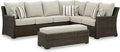 Signature Design by Ashley Brook Ranch Casual Nuvella Weather Resistant Fabric Right Hand Facing Outdoor Sofa Sectional/Bench with Cushion and 6 Throw Pillows, Set of 3, Beige & Dark Brown
