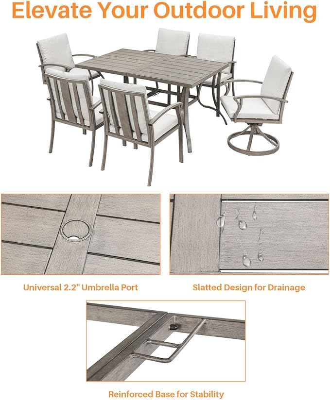 7-Piece Outdoor Dining Set, Aluminum Patio Dining Set with Umbrella Hole, Patio Table Furniture Sets with Cushions, 4 Dining Chairs, and 2 Swivel Chairs for Deck, Garden, Backyard, Limed Oak