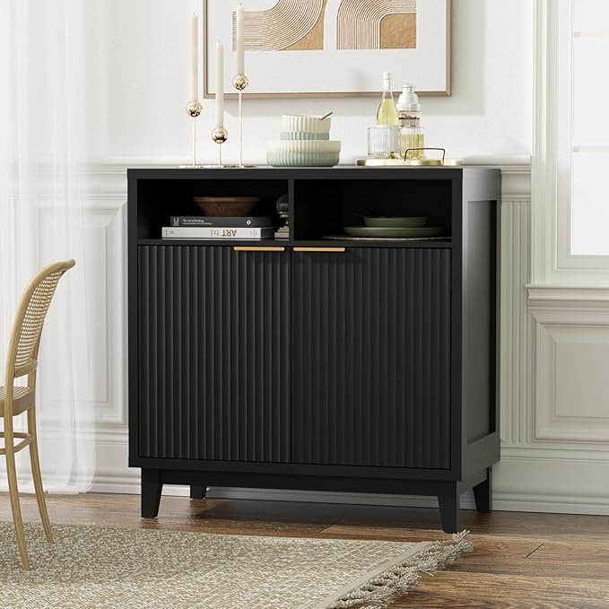 Buffet Cabinet with Storage - Elegant Fluted Storage Cabinet with Adjustable Shelves and Solid Wood Leg, Modern Buffet Sideboard for Living Room, Dining Room, Entryway