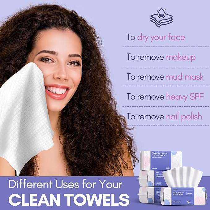PoeticEHome Disposable Face Towel - Extra Thick Cotton Tissue Facial Cleansing Dry Wipes - Biodegradable Makeup Removing & Surface Cleaning Cloths, 2-Pack
