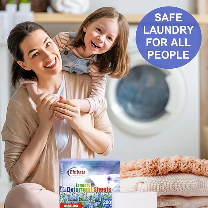 Laundry Detergent Sheets, 200 Loads Fresh Linen Scent Hypoallergenic Eco-Friendly, Biodegradable Plastic Free Liquidless Laundry Sheets Suitable for Sensitive Skin