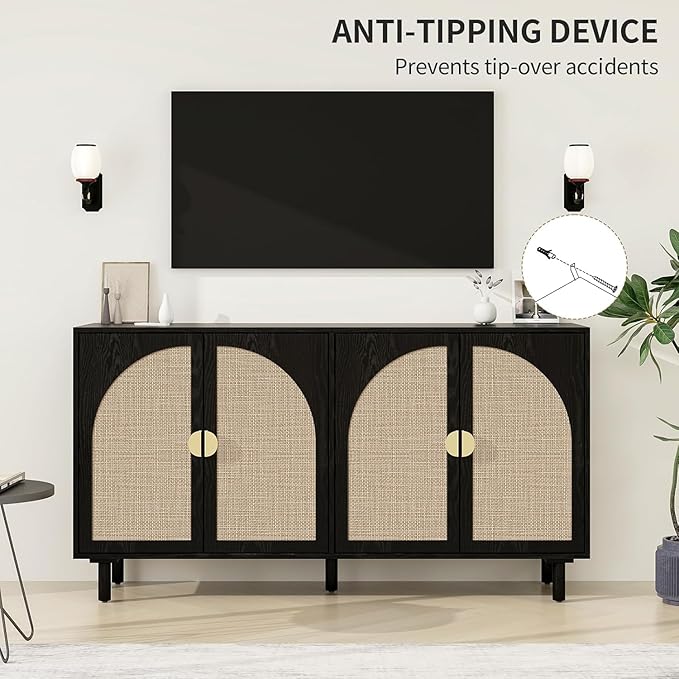 Black 4-Door Rattan Buffet Cabinet-Sideboard Buffet Cabinet with Storage, Accent Sideboard Cabinets-Wood Credenza with Cane Door, Boho Style Console Table for Dining Room & Living Room