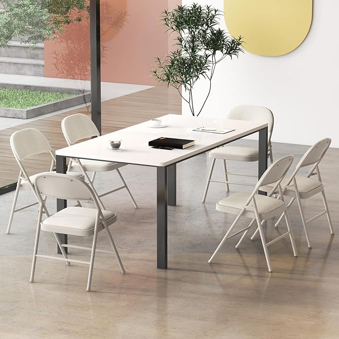 GOFLAME 6 Pack Folding Chairs, Fabric Dining Chair Set with Padded Seat & Metal Frame, Indoor Outdoor Upholstered Commercial Seat for Home Office Events Wedding Party, Beige