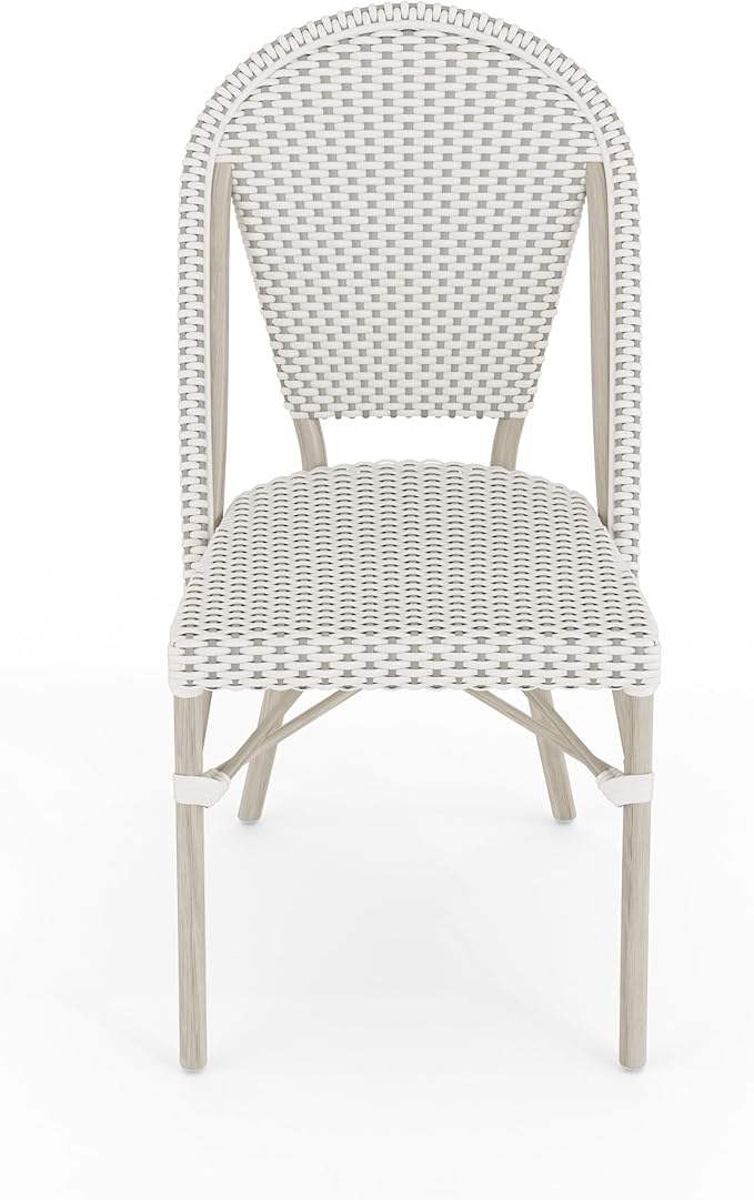 Martha Stewart Lily Pond Indoor-Outdoor Stackable Aluminum Bistro Chair with Gray Woodgrain Frame Finish and White/Gray Woven Rattan Backrest and Seat
