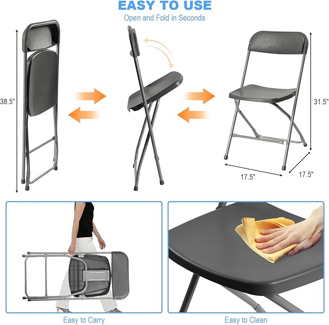 10 Pack Plastic Folding Chairs, Portable Party Chairs, Stackable Commercial Seats with Steel Frame for Home Office Wedding Party Indoor Outdoor Events Chairs, 350lbs Capacity,Gray