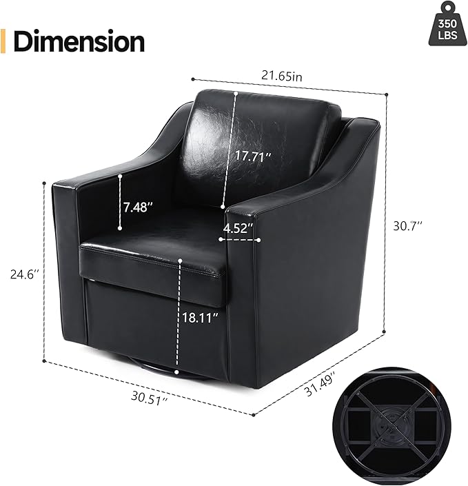 Pia Ricco Set of 2: Modern Oversized Faux Leather Swivel Accent Chairs w/Removable Covers for Living Room, Reception Value Pack,Black