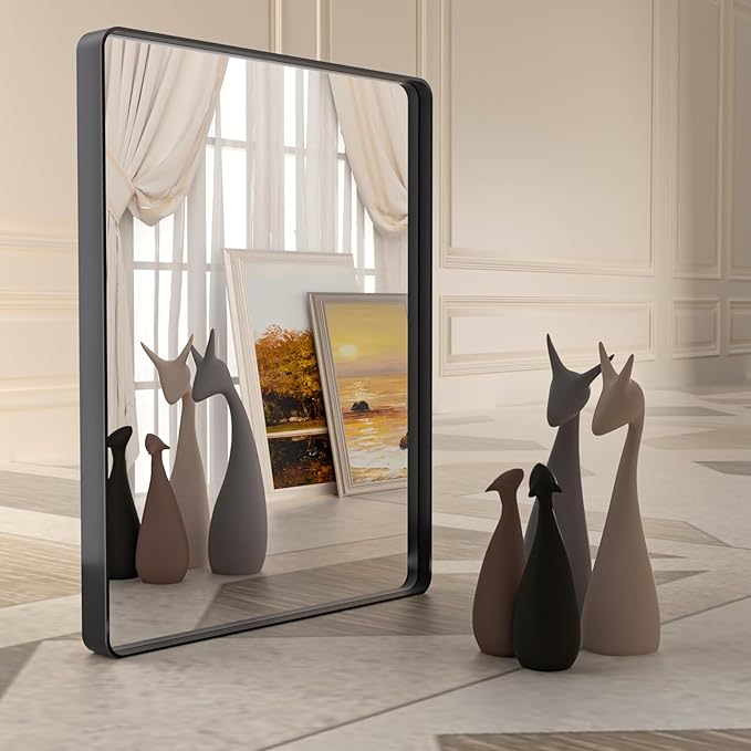 36x36 Inch Black Bathroom Mirror,Rectangle Matte Black Bathroom Vanity Mirror for Wall,Tempered Glass,Round Corner Black Metal Framed Mirror