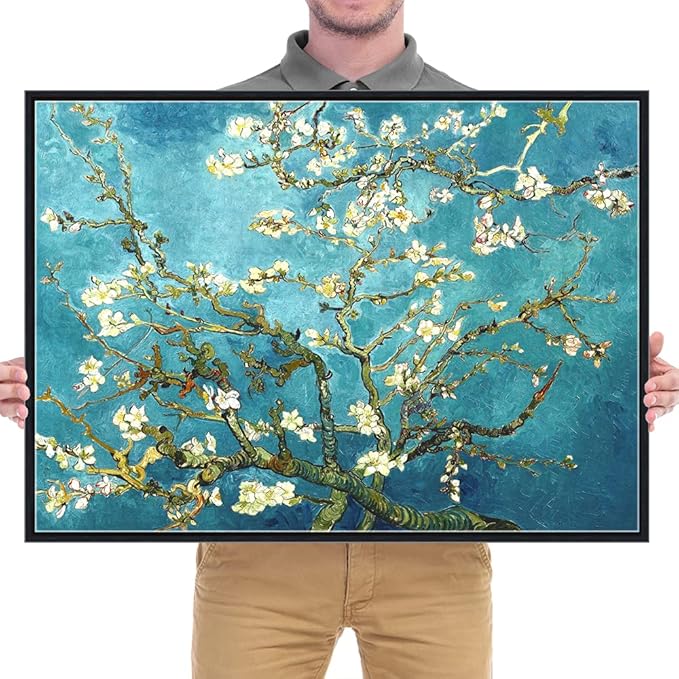 Wieco Art Framed Art Almond Blossom Floral Canvas Prints of Van Gogh Famous Oil Paintings Reproduction Flowers Pictures on Canvas Wall Art for Bedroom Home Decorations Black