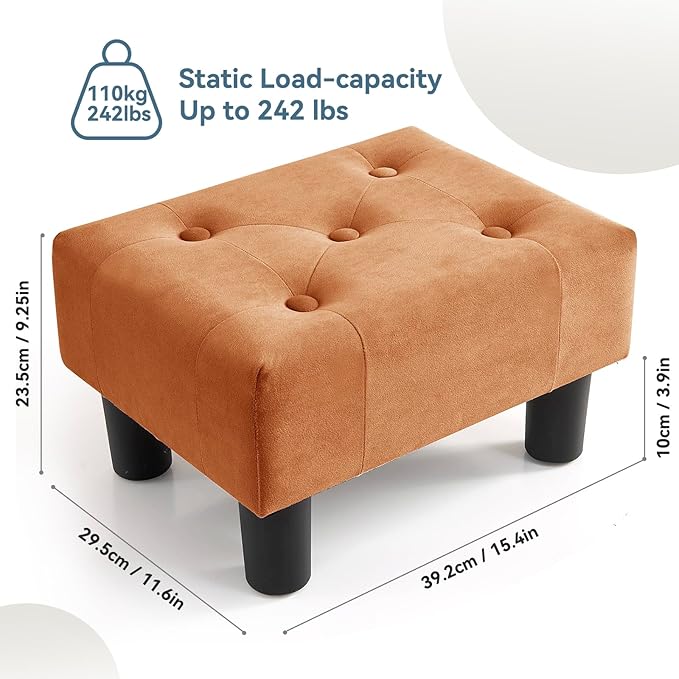 Poofzy Small Foot Stool Ottoman, Velvet Ottoman Foot Rest with Legs, Rectangle Foot Rest for Couch, Footstools and Ottomans Small for Living Room and Entryway (Orange)