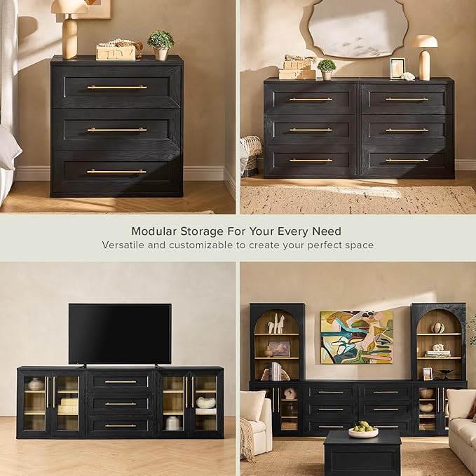 mopio Blake 3 Drawer Dresser for Bedroom, Chest of Drawers, Wood Dresser Organizer, Modern Farmhouse, Tall Night Stand, Enhanced Safety, Sturdy Compliant (2, Black Oak, One Size)