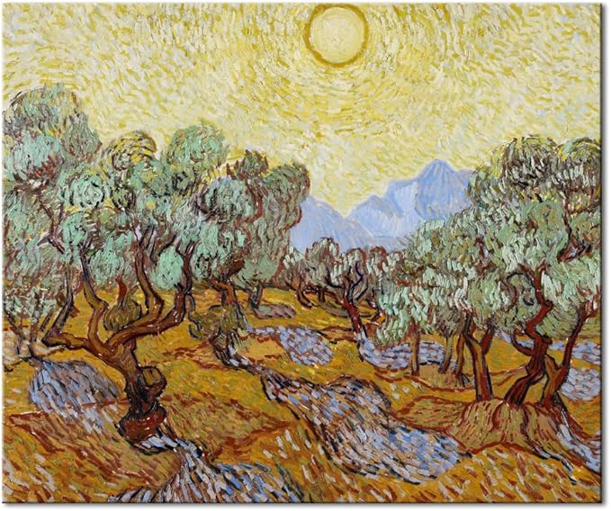 Wieco Art Olive Trees with Yellow Sky and Sun Canvas Print of Vincent Van Gogh Famous Oil Paintings Reproduction Classic Pictures Artwork Canvas Prints Wall Art for Home Decorations