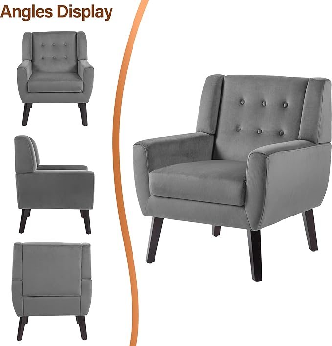 Lumibee Accent Chair, Modern Velevet Armchair for Living Room, Comfy Upholstered Arm Chair Tufted for Indoor Bedroom Office Room (Gray Velvet)