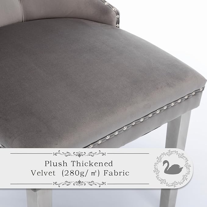 Velvet Upholstered Dining Chairs Set of 8, Modern Style Kitchen Side Chairs with Nailhead Trim and Silver Plated Leg, Metal Pulling Ring for Dining Room Living Room(Grey)