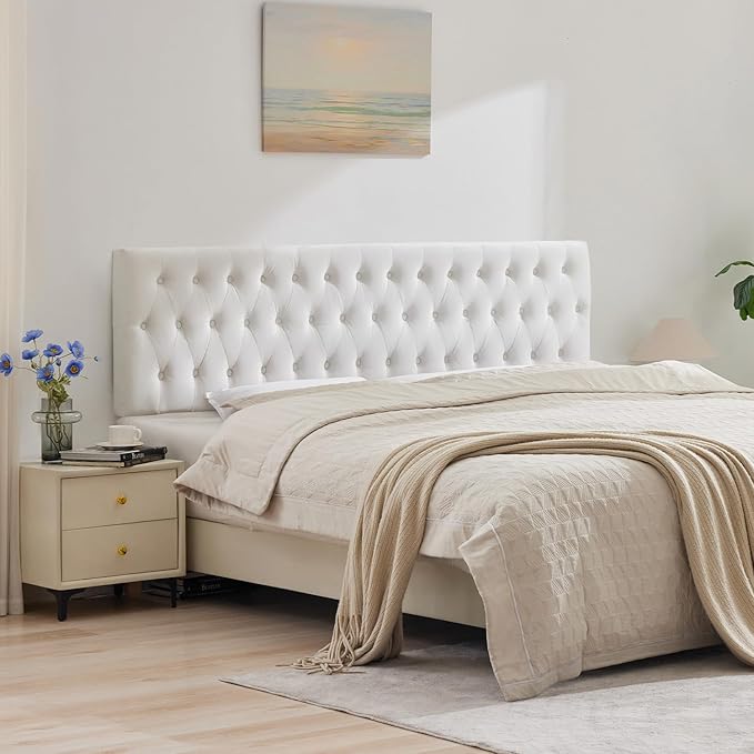 Kingfun Tufted Upholstered King Size Bed Headboard in Modern Button Design, Adjustable Solid Wood Head Board, Premium Velvet Fabric Padded Headboards in Bedroom (White)