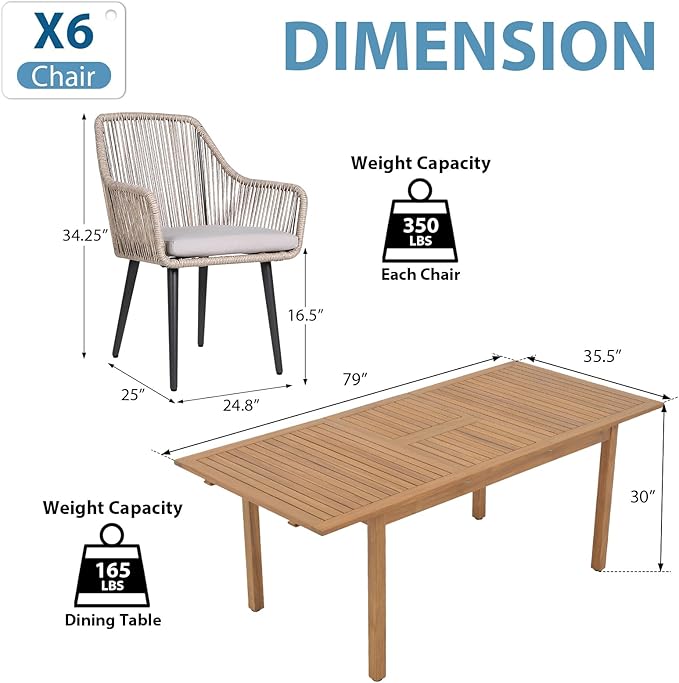 JOIVI Outdoor Dining Set for 6, 7 Pieces Patio Dining Table and Chairs Set, Rattan Rope Patio Outdoor Furniture Set with Extendable Dining Table for Deck, Backyard, Garden, Dining Room, Tan