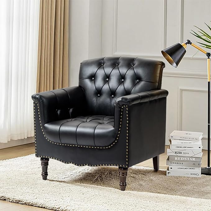 Faux Leather Accent Chair, PU Leather Modern Comfy Upholstered Armchair with Wood Legs & Nailhead Trim for Living Room, Bedroom (Black,Set of 2)