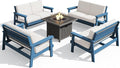 SERWALL Patio Furniture Set with 33” Fire Pit Table, HDPE Outdoor Sectional Sofa Set with Thickened Cushions, Blue Frame with Khaki Cushions