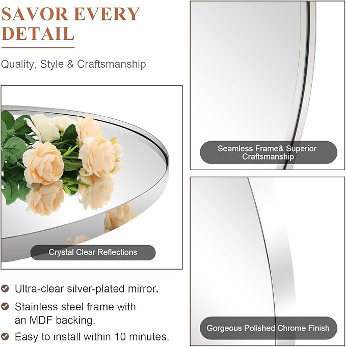 ANDY STAR Oval Bathroom Mirror, 22" x 34" Chrome Stainless Steel Metal Frame Pivoting Mirror for Over Sink with Adjustable Tilting Design, Vanity Mirror for Modern Wall