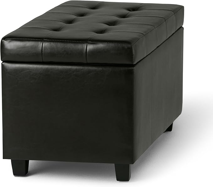SIMPLIHOME Cosmopolitan Storage Ottoman - 34 inch Wide Upholstered Vegan Leather Rectangle Storage Ottoman Bench in Tanners Brown, Transitional Tufted Ottoman for Living Room with Lift-Up Lid