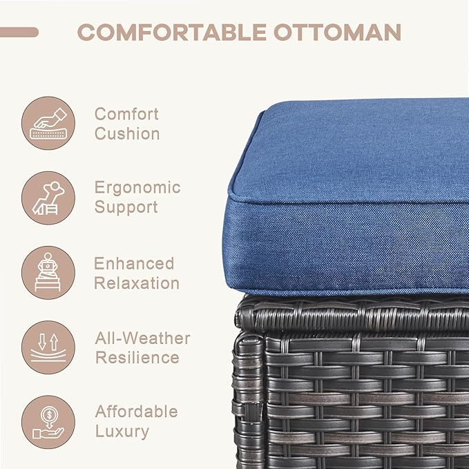 Swivel Patio Chairs sofa Set of 7 with 6" Thick Cushion - Wicker Outdoor Swivel Rocker Patio Chair ,Sofa/Glass coffee table, High Back Comfortable Outdoor Glider Chairs - Gery Wicker Blue Cushions