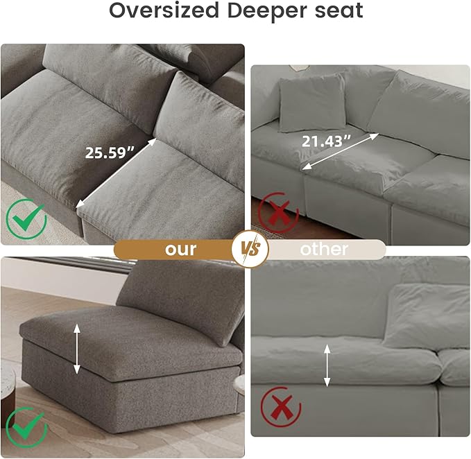 Cloud Couch Modular Sectional Sofa with Storage Ottomans,160.6" Down Filled 6 Seater Convertible Sectional Sofas,V Shaped Gray Couch for Living Room,Covers Washable&Replaceable