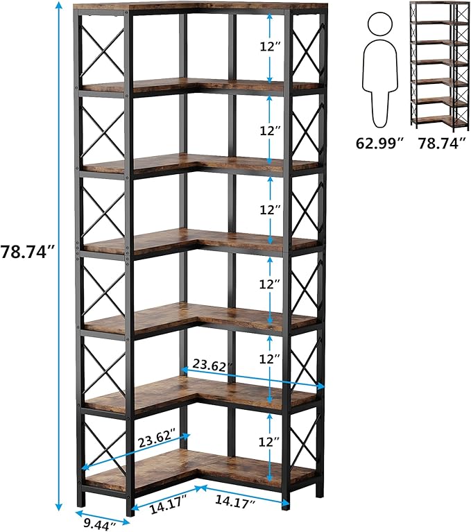Tribesigns 7-Shelf Corner Bookshelf,Large Modern Corner Bookcase, 7-Tier Tall Corner Shelf Storage Display Rack with Metal Frame for Living Room Home Office (Rustic Brown)