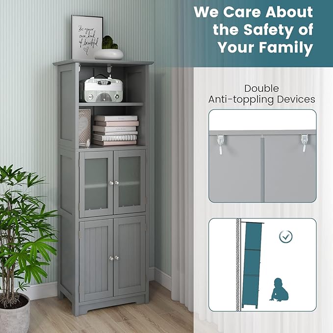 LOKO Tall Bathroom Cabinet, Modern Storage Organizer with Doors & Open Shelves, Wooden Floor Cabinet with Adjustable Shelves for Bathroom, Living Room or Kitchen (Grey)