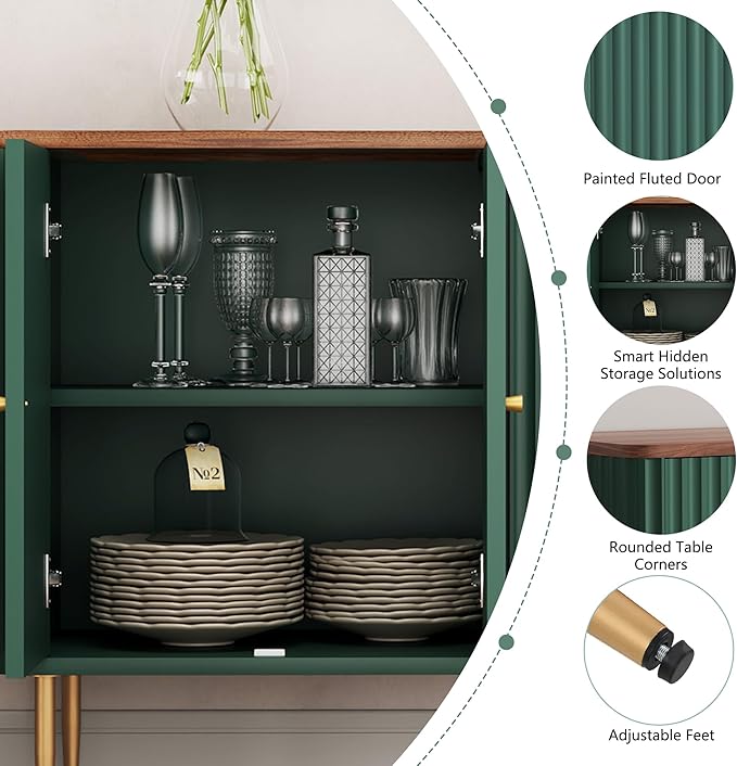 HLR Sideboard Buffet Cabinet, 48" Modern Accent Cabinet with 4 Door and Removable Shelves, Credenza with Storage for Living Room, Dinning Room, Entryway, Green